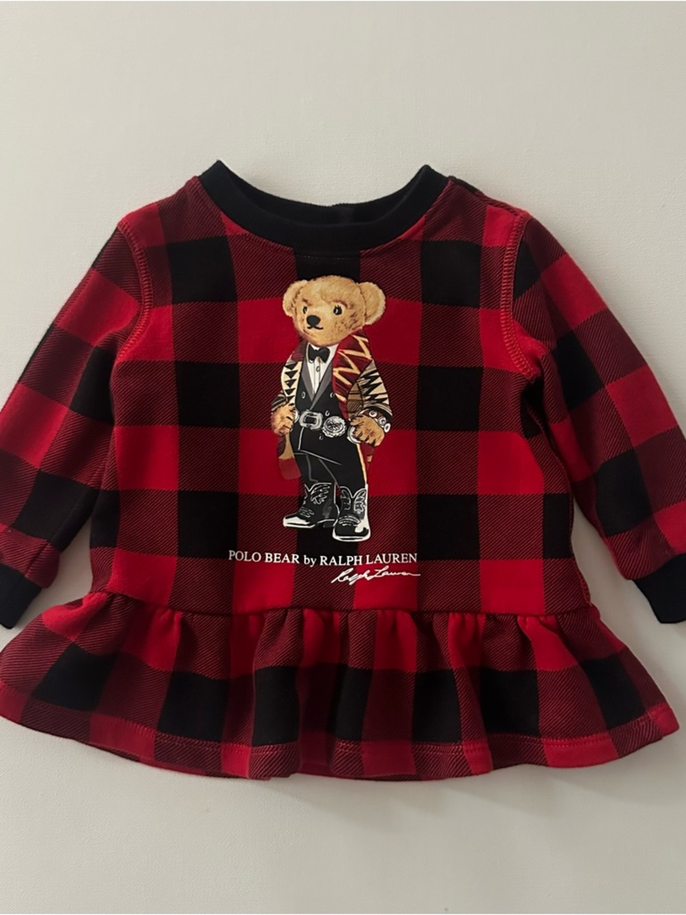 Ralph Lauren 9 Months Baby Girl Red Black Plaid Bear Peplum Sweatshirt Top